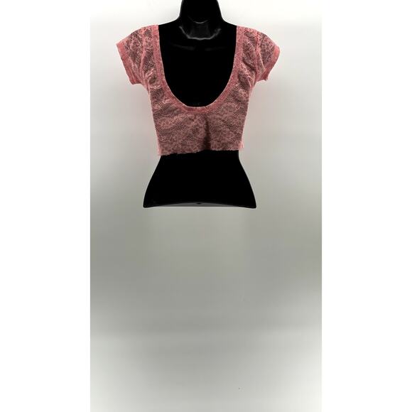 UNBRANDED Women's Light Pink Crewneck Lace Short Sleeve Cropped Top SZ XS - Picture 2 of 10